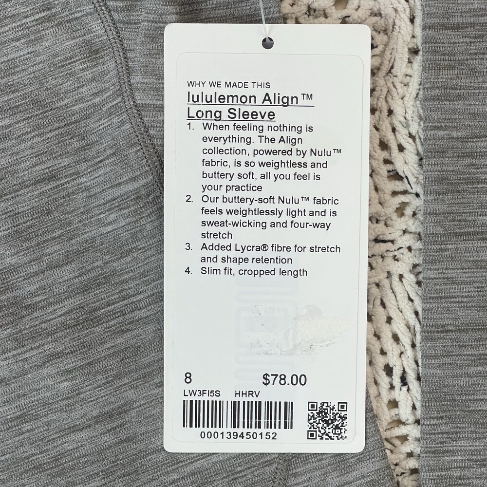 Lululemon Align Long Sleeve Crop Top Womens 8 Heathered Gray V-Neck Fabric NEW - Picture 3 of 9